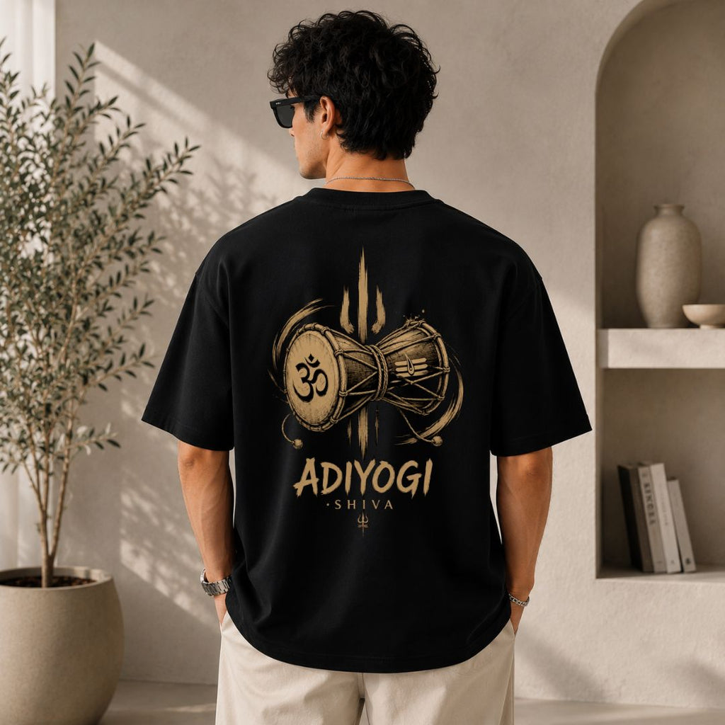 Adiyogi Shiva Damru Oversized Unisex T-Shirt | Mahadev Spiritual Graphic Tee