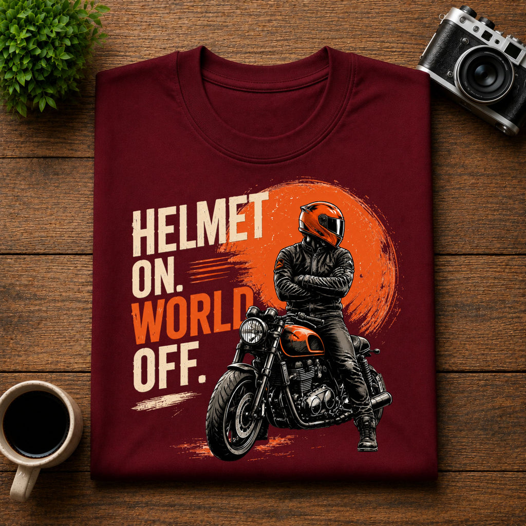 Helmet On World Off Motorcycle Unisex Tee
